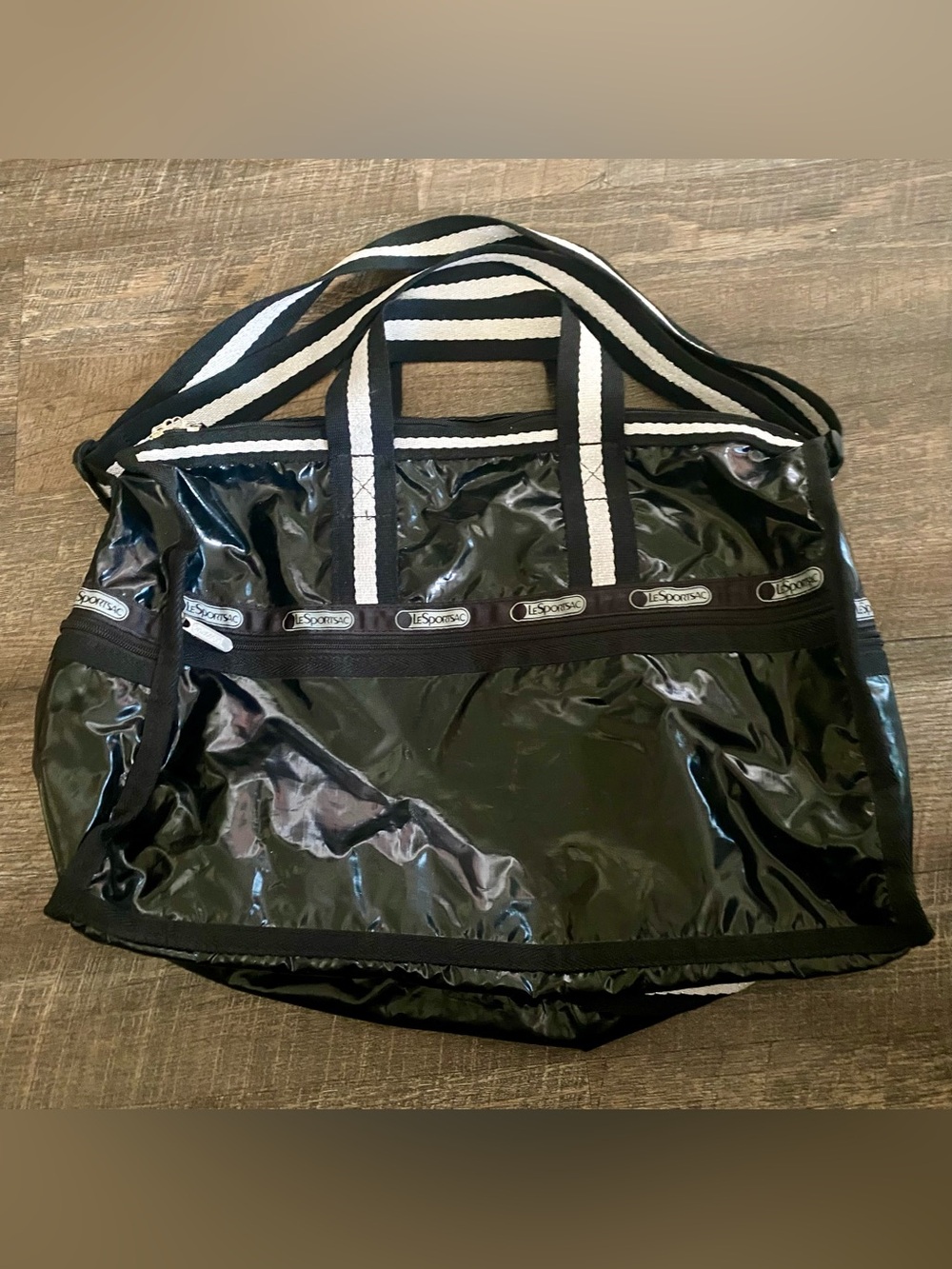 LeSportsac Tote Bag Travel Shiny Black Silver Sparkly Handles 17" x 14" Purse